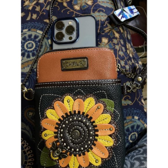 Women Navy Sunflower Canvas Multicolor Cell Phone Purse with Adjustable Strap - Picture 8 of 10